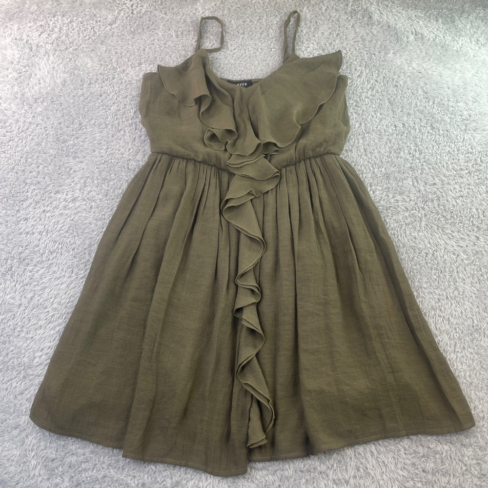 A. Byer‎ Ruffle Front Mini Dress Womens Size Medium Olive Green Sleeveless